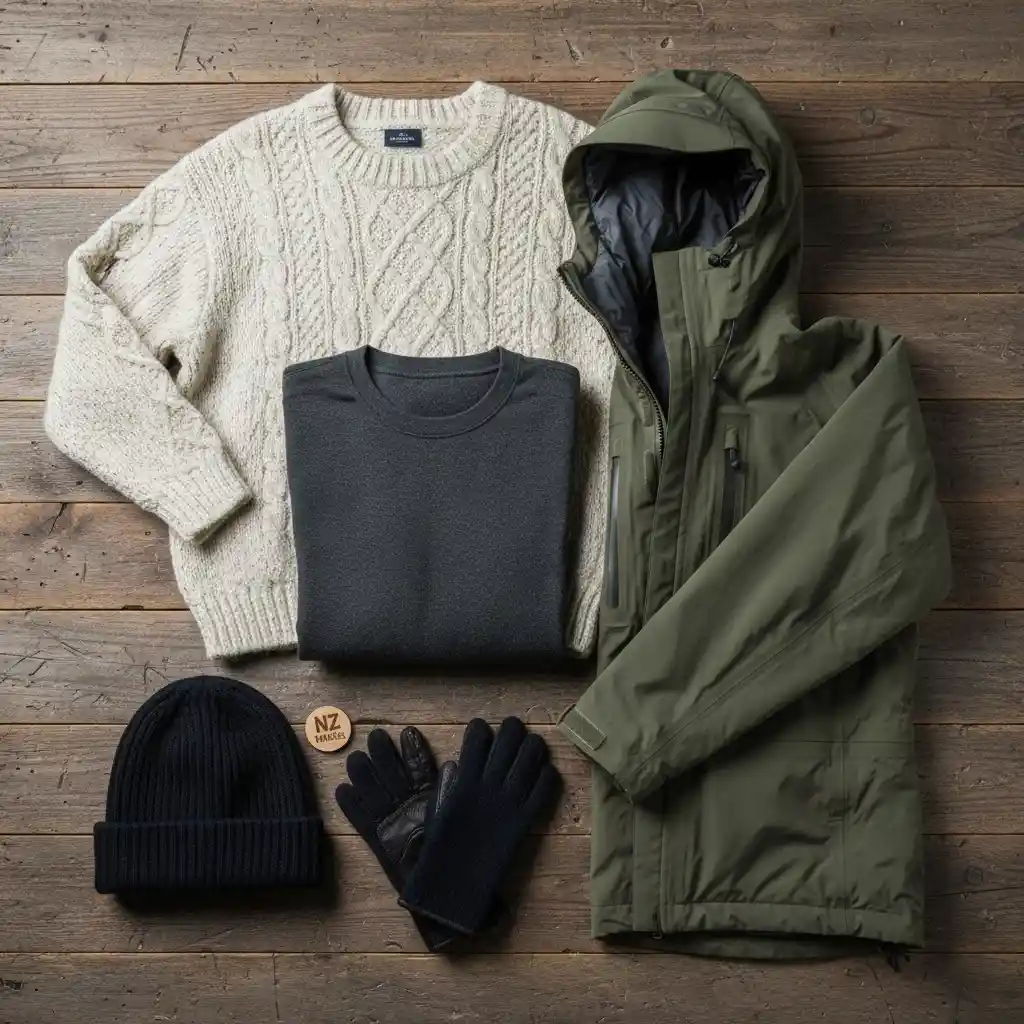 New Zealand winter layering essentials flat lay