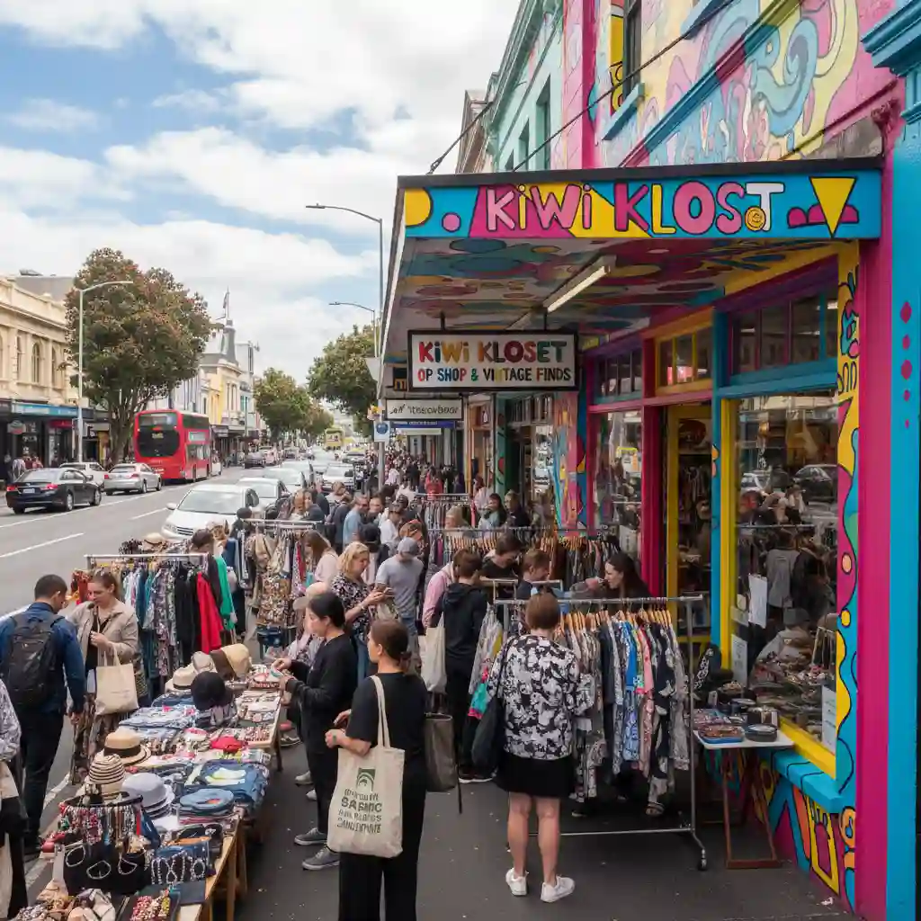 Colourful exterior of an Auckland op shop with street art
