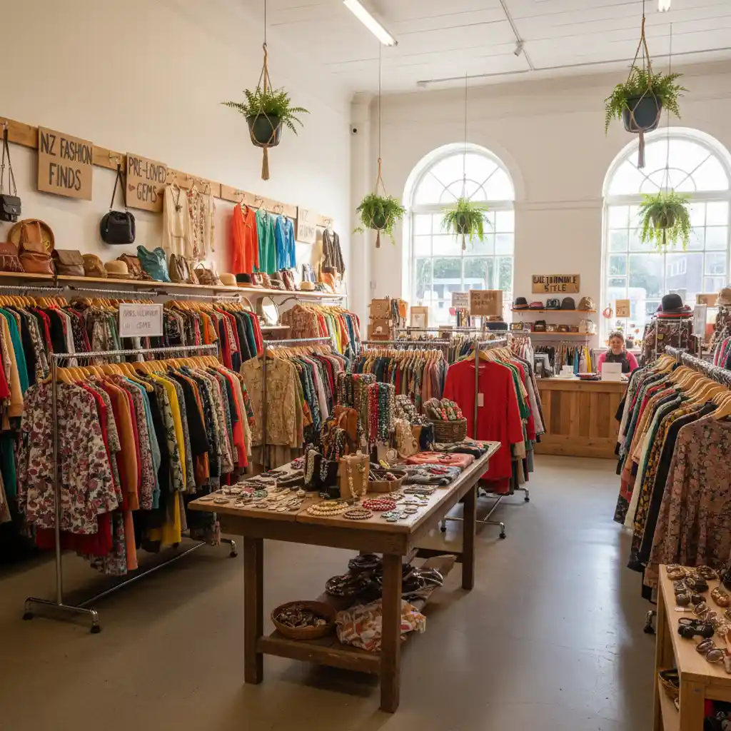 Inside a tidy op shop with many clothing options in Christchurch