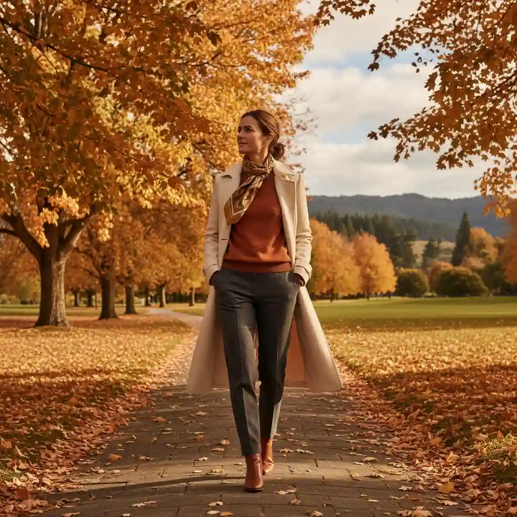 Autumn fashion NZ with layered clothing in a park