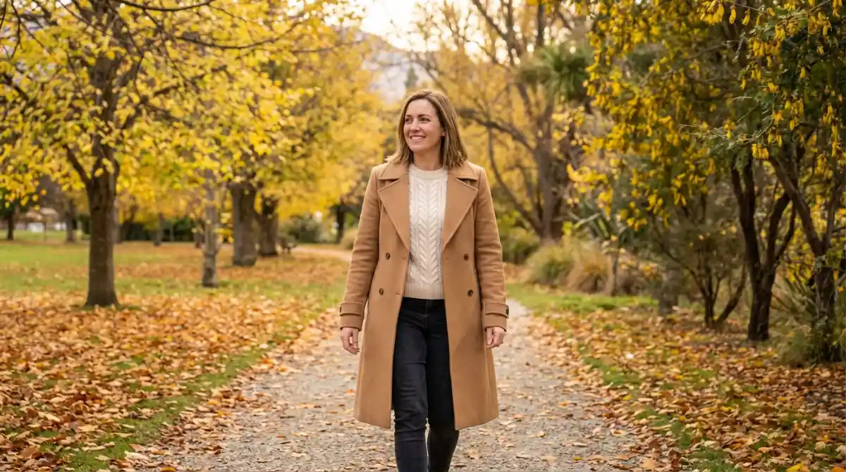 Stylish woman in autumn winter fashion NZ trench coat