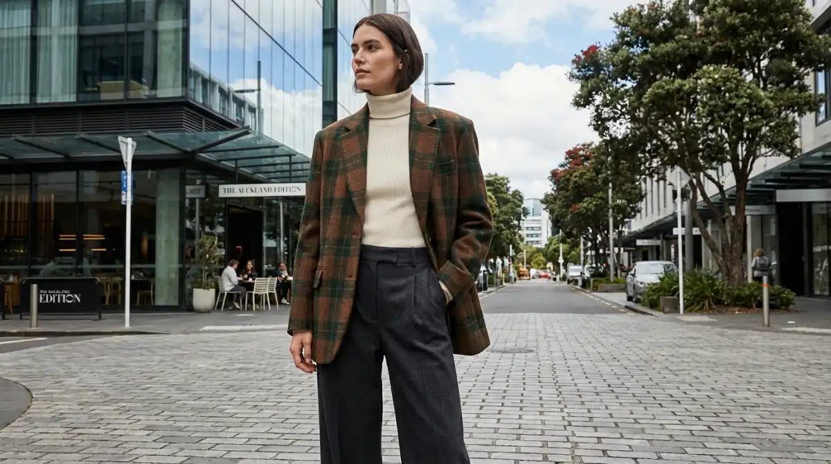 Key autumn winter fashion NZ trend: tailored blazer and wide-leg trousers