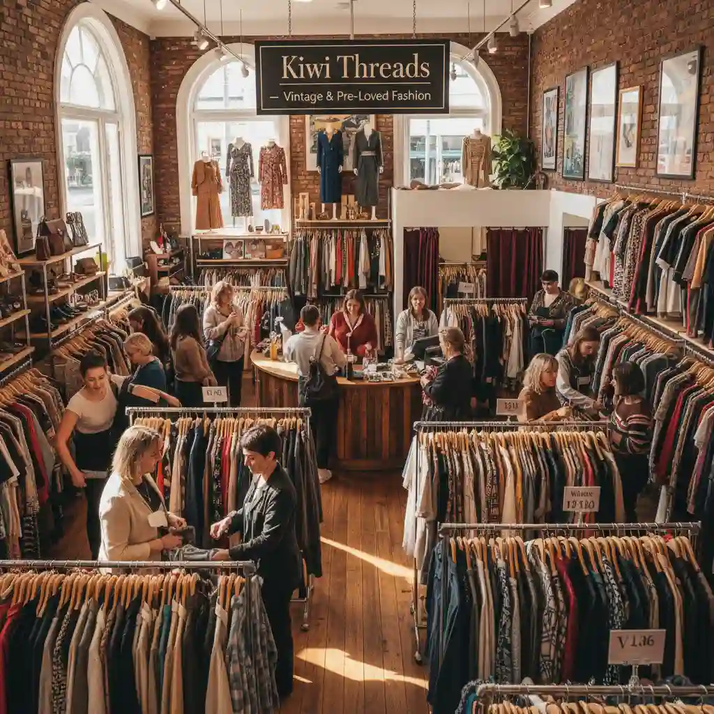 People shopping in a pre-loved fashion store in New Zealand