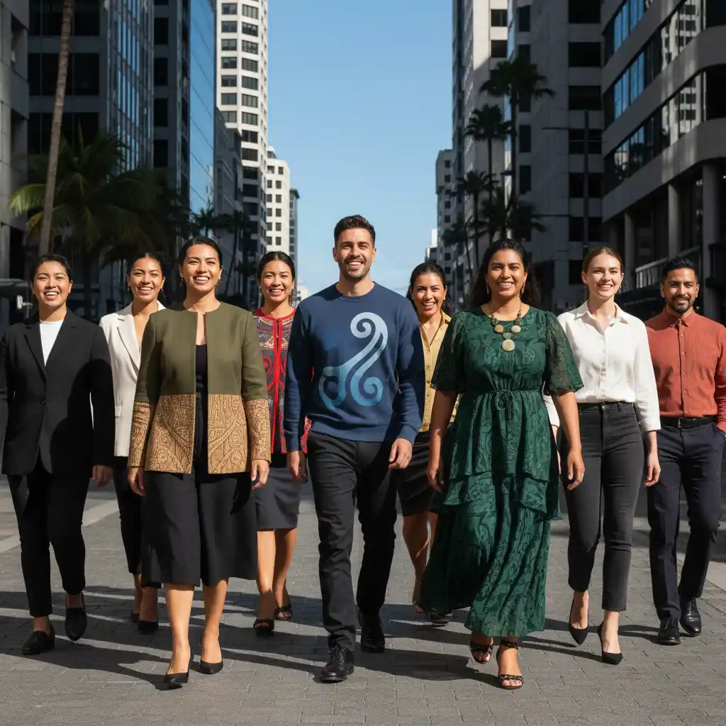 People wearing contemporary Māori fashion, supporting indigenous brands