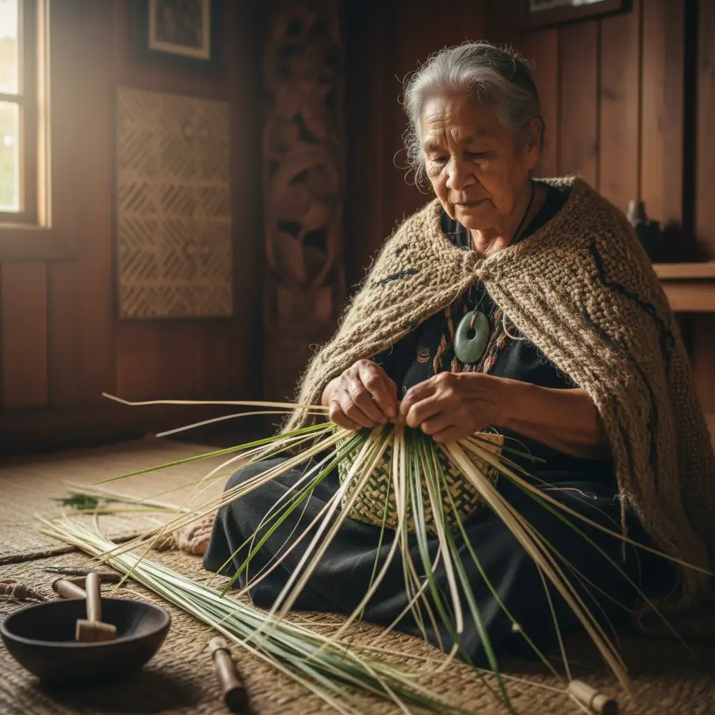 Elder Māori woman demonstrating traditional harakeke flax weaving