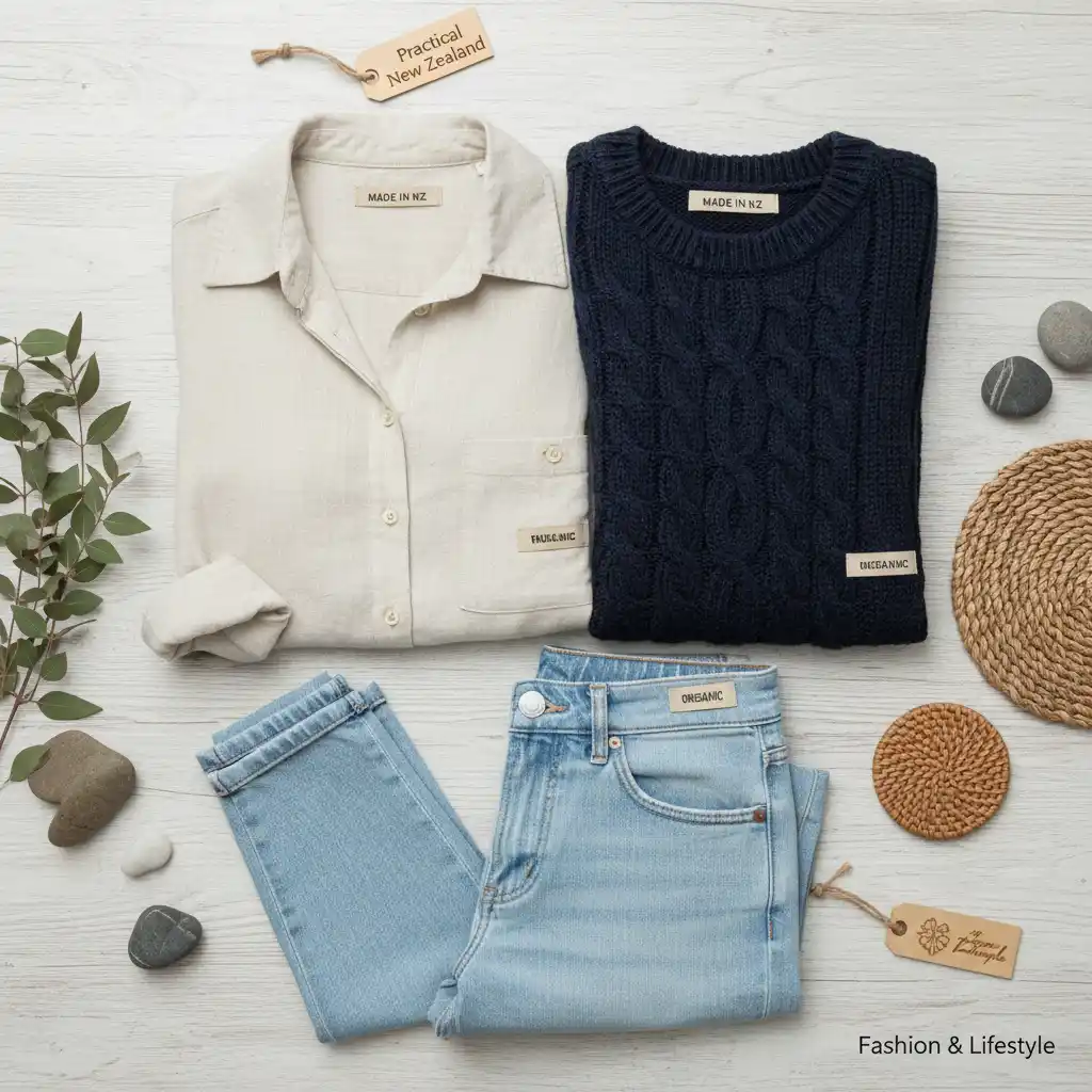 Selection of eco friendly clothing NZ brands, featuring organic cotton and merino