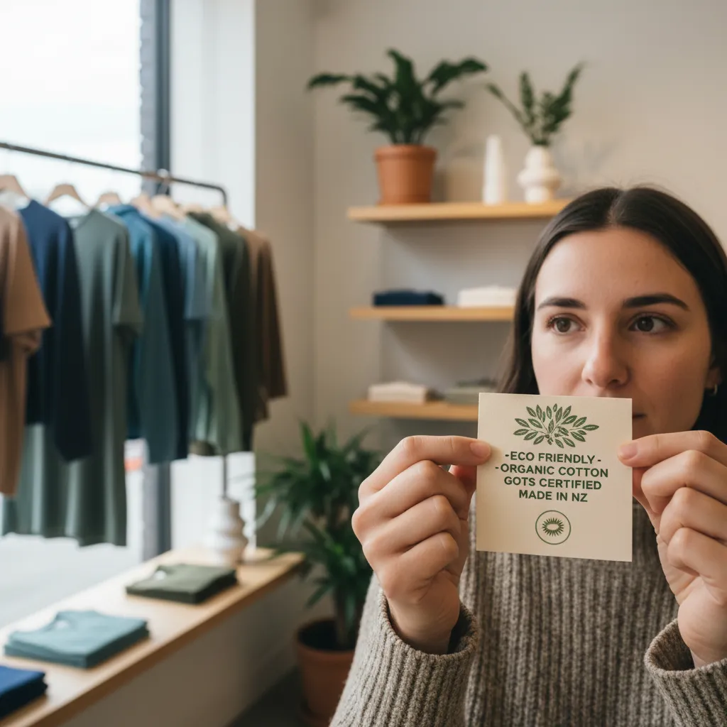 Conscious consumer checking label for eco friendly clothing NZ certifications