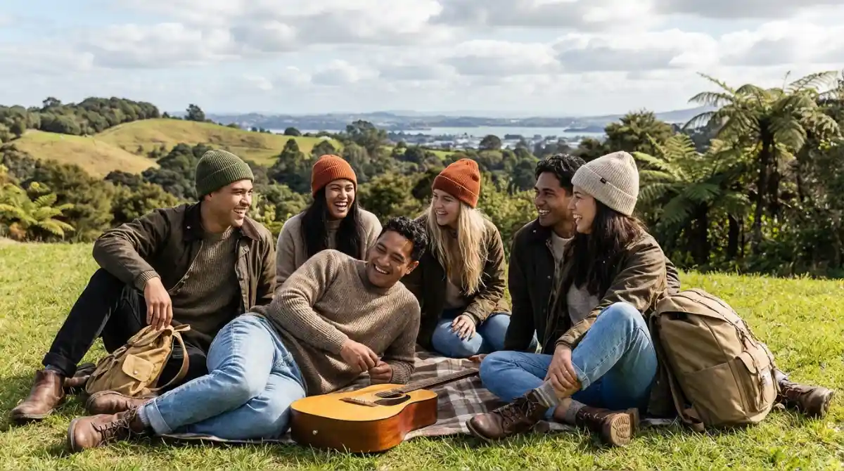 Friends enjoying weekend in New Zealand park, showcasing casual Kiwi fashion
