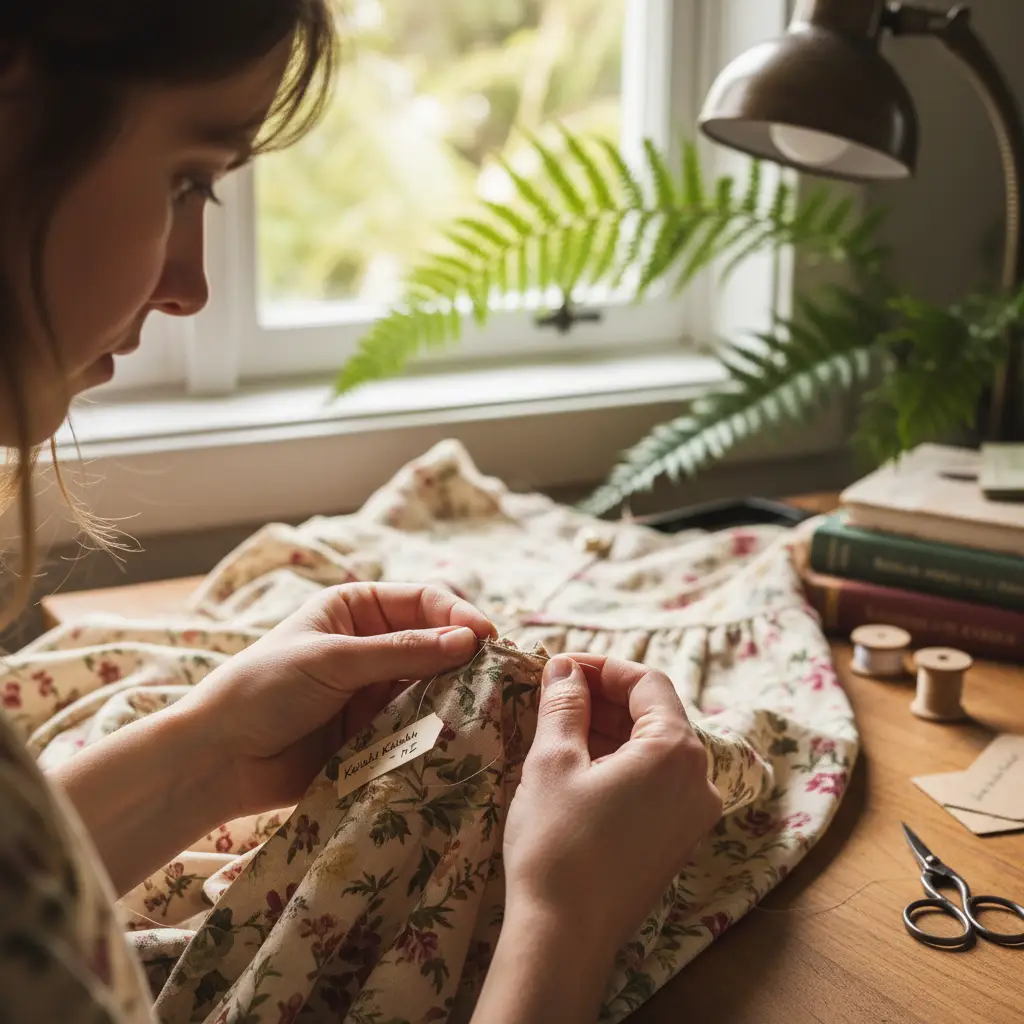 Person mending a vintage dress to extend its life