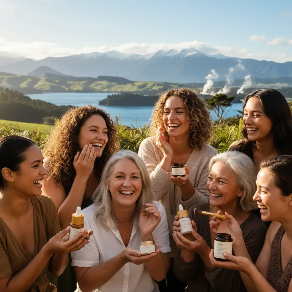 Women using clean beauty NZ products amidst beautiful New Zealand scenery