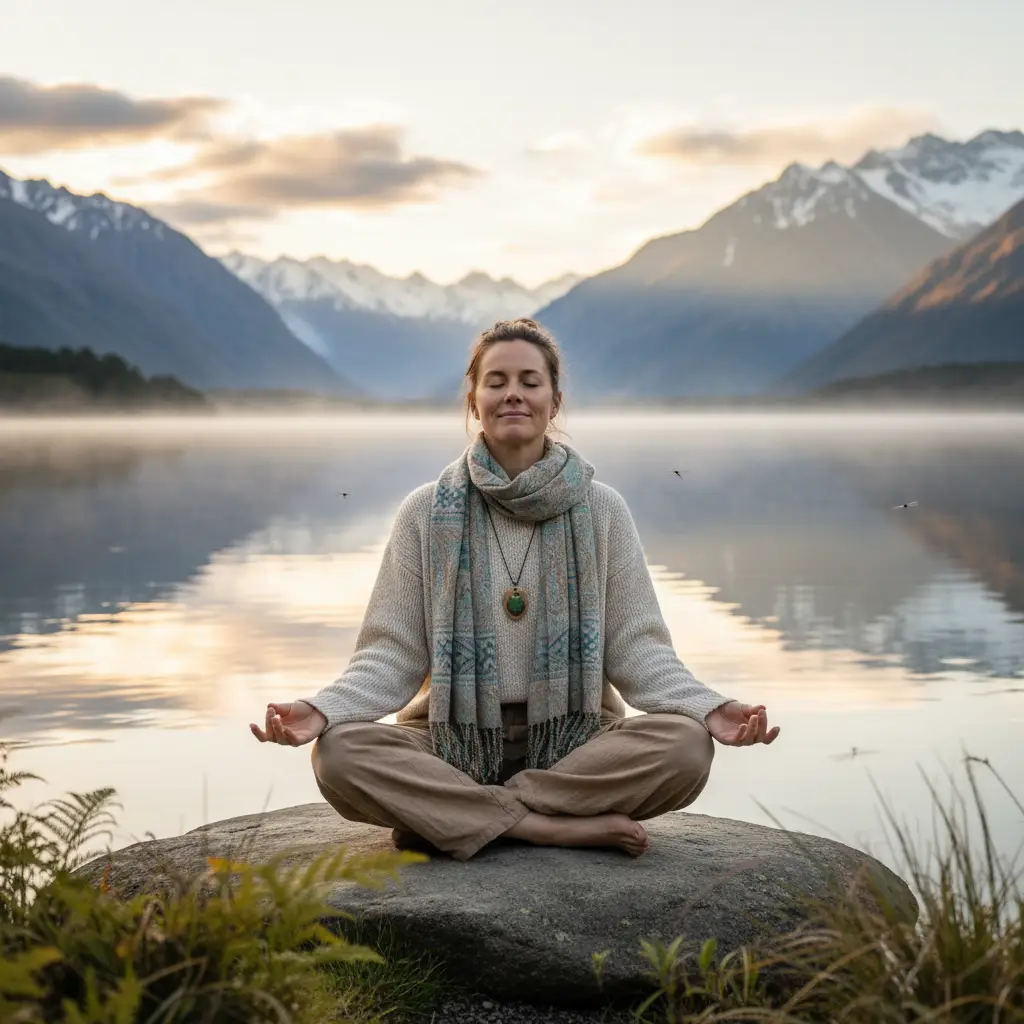 Woman practicing holistic wellness in beautiful New Zealand nature