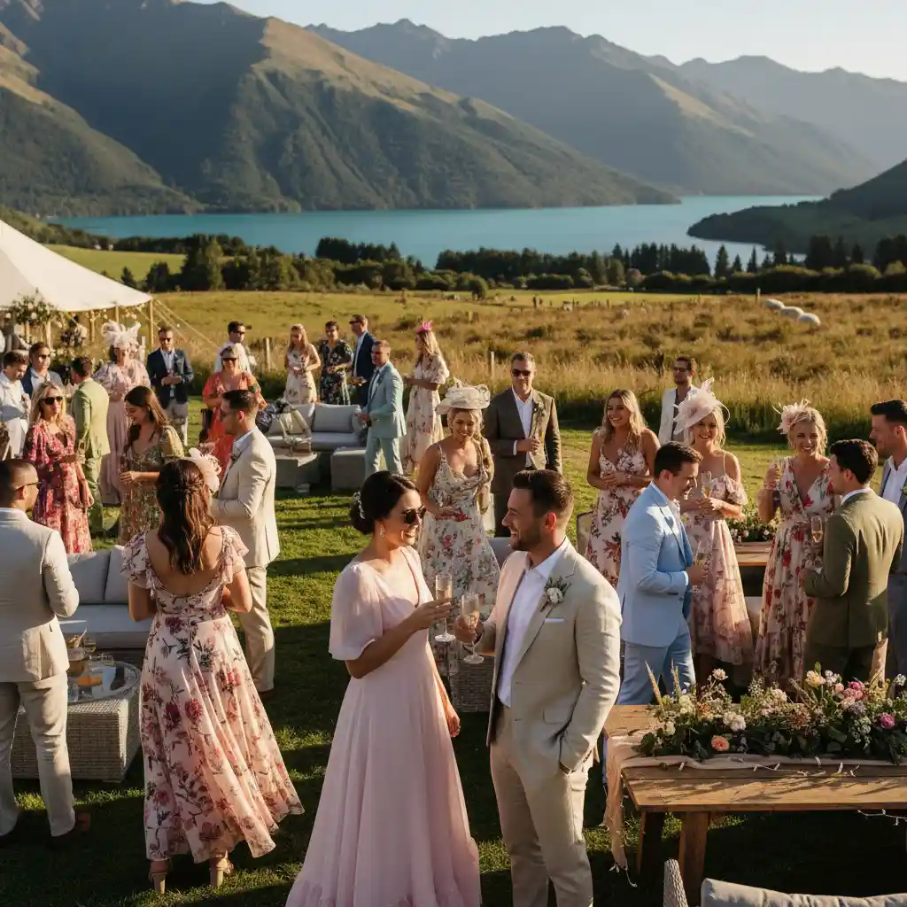 Diverse nz wedding guest outfits at an outdoor reception