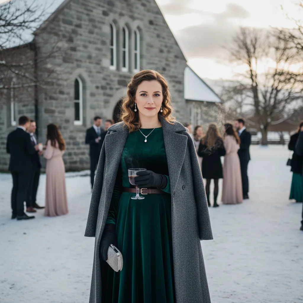 Winter wedding guest outfit in NZ with elegant layering and rich fabrics