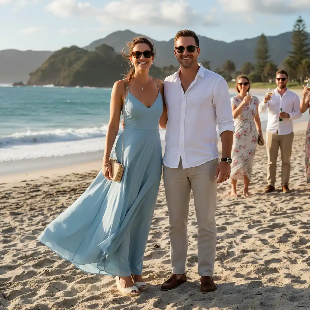 Beach wedding guest attire in New Zealand, featuring light fabrics and appropriate footwear