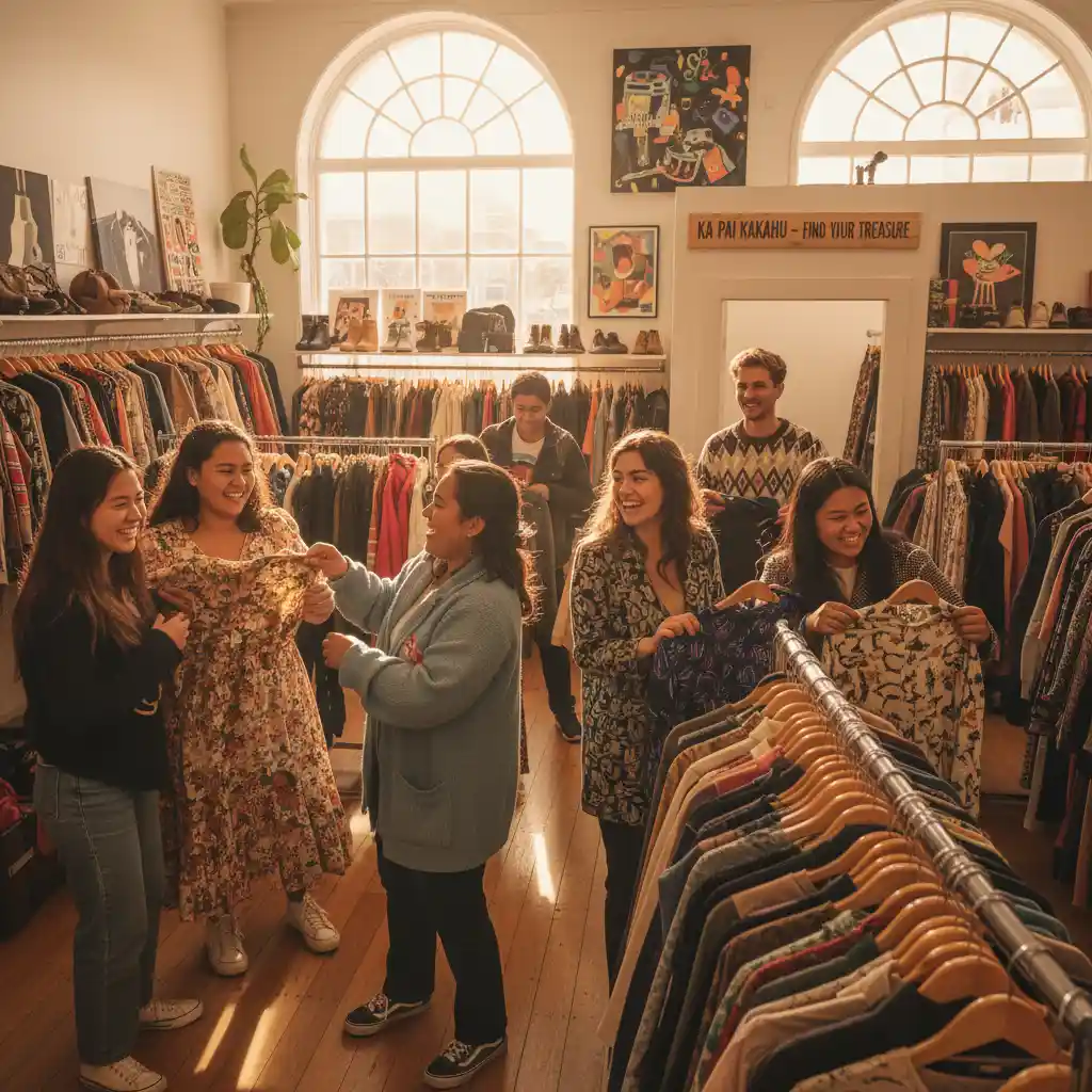 Shoppers finding cheap clothing stores NZ treasures in an op shop