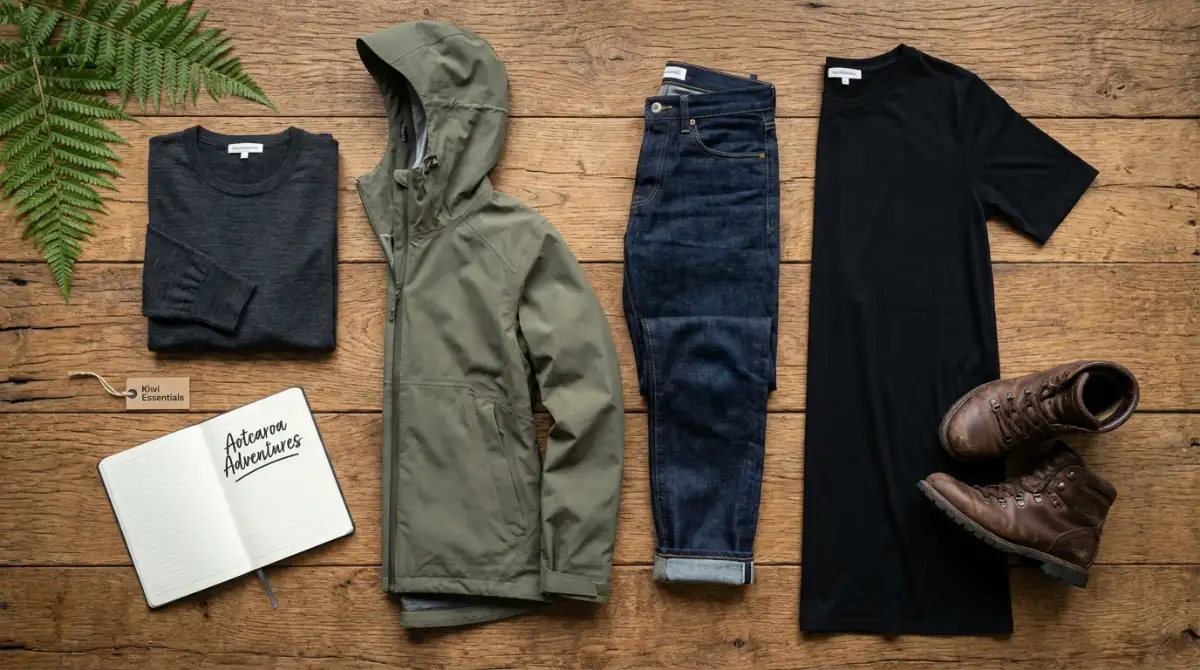 Key pieces for a New Zealand capsule wardrobe laid out