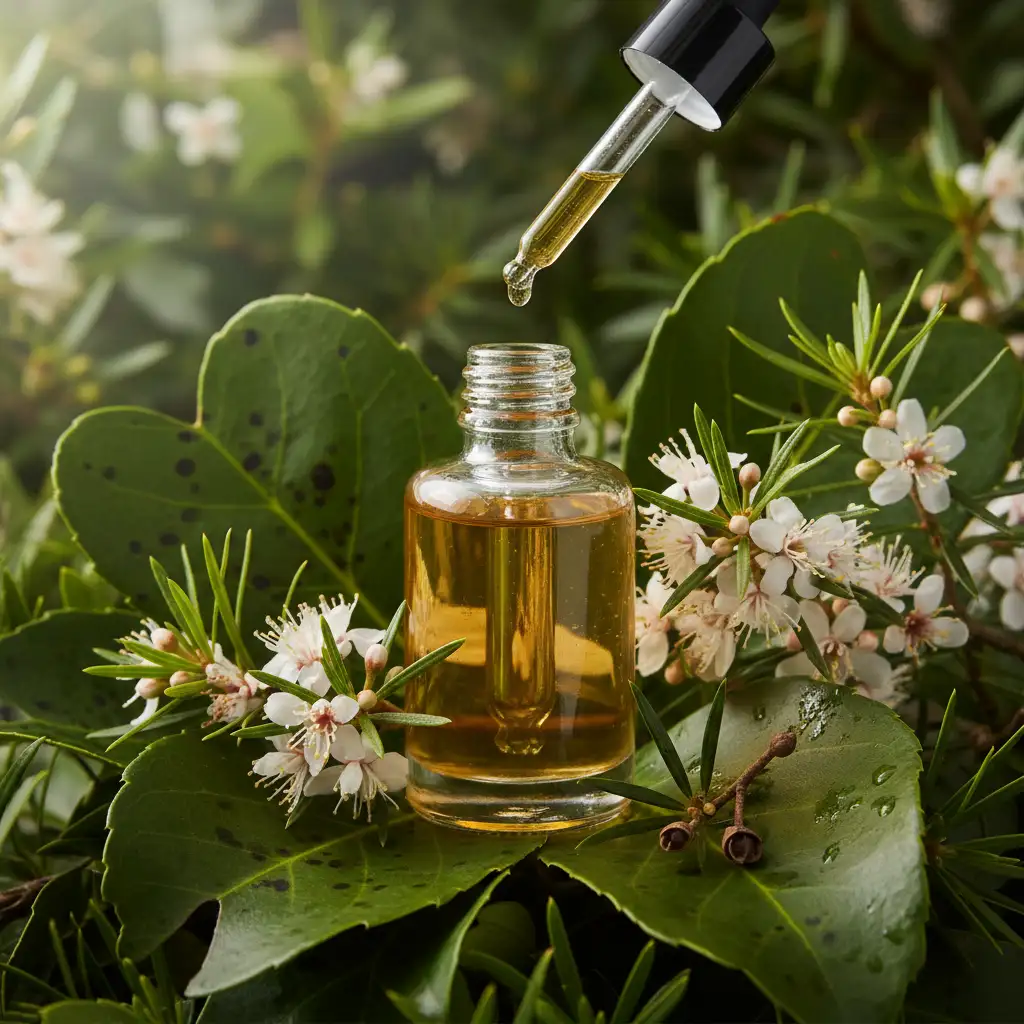 Natural skincare serum bottle surrounded by New Zealand native plants