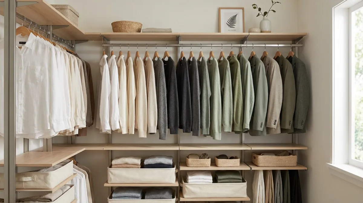 Organised capsule wardrobe inside a minimalist closet