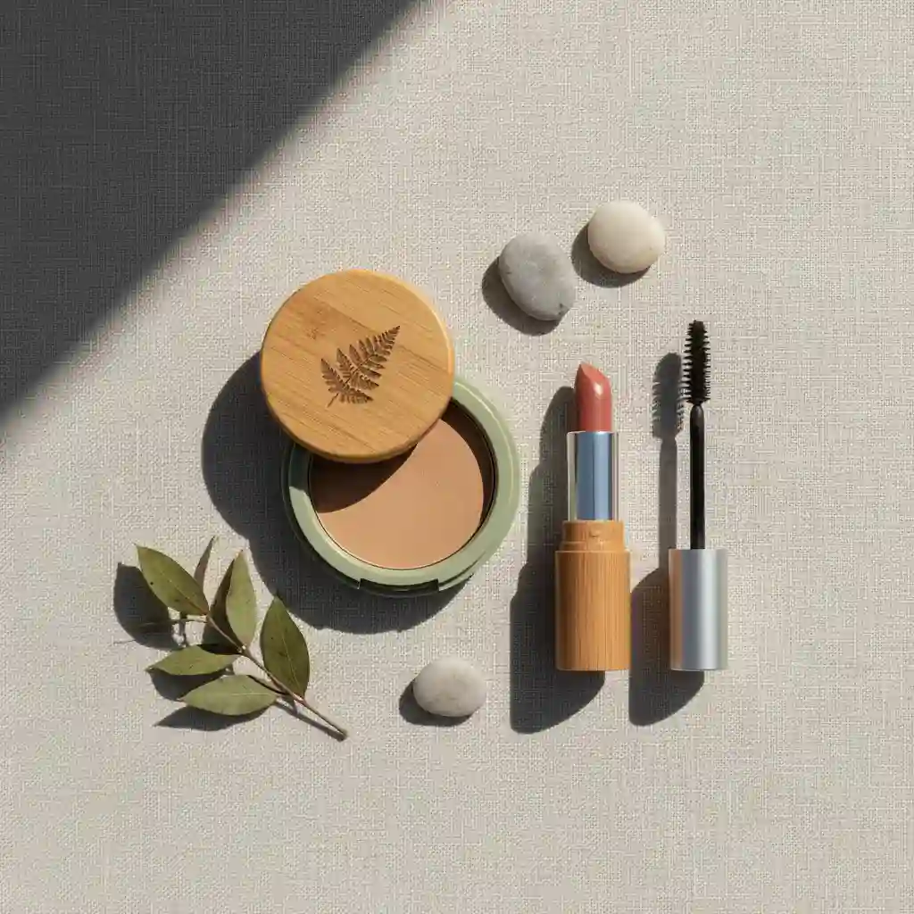 Clean makeup products including mineral foundation and natural lipstick