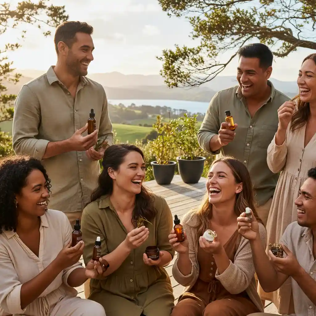 People with glowing skin enjoying nature, advocating natural skincare