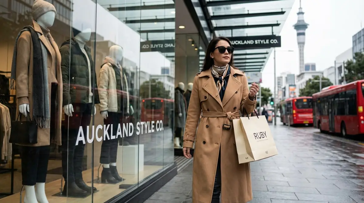 Woman confidently walking past high street fashion store in NZ
