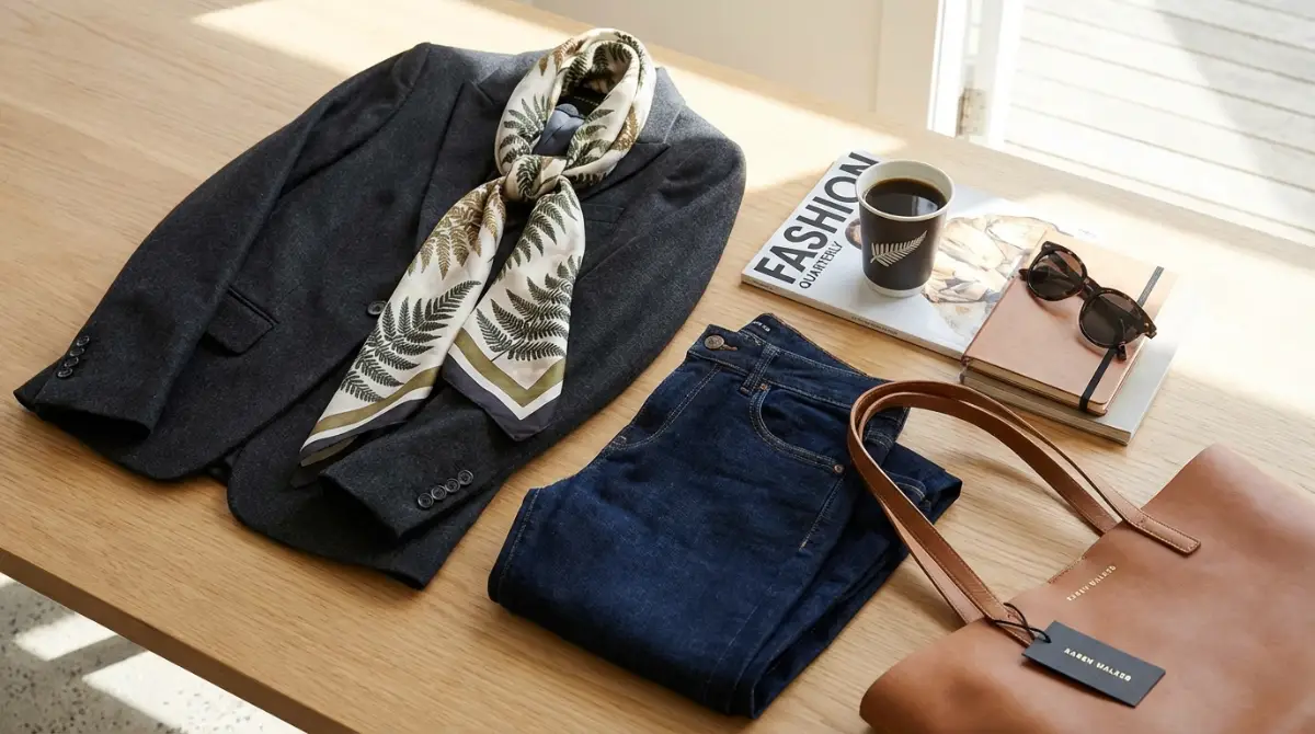 Flat lay of high street fashion items elevated with accessories