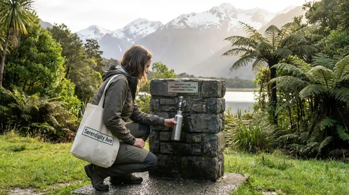 Traveler using a reusable water bottle in New Zealand