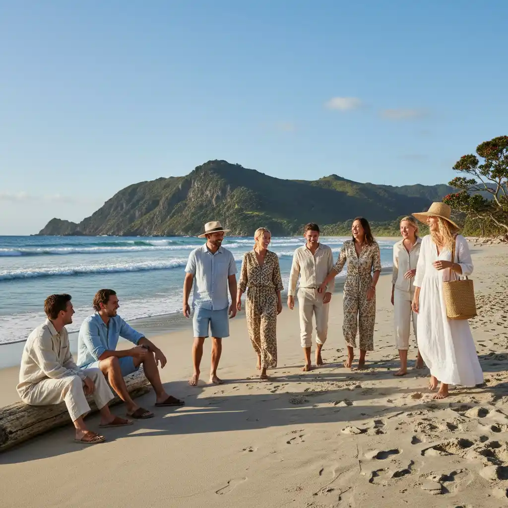 NZ summer fashion trends: People wearing light linen on a beach