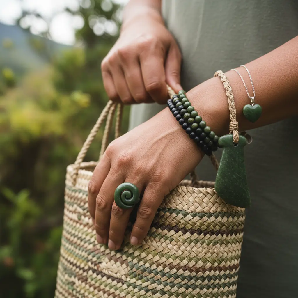 NZ fashion accessories: Pounamu jewellery and woven bag
