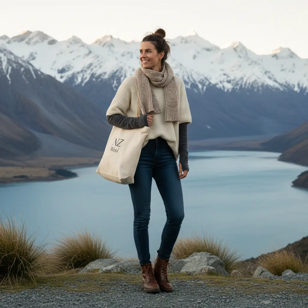 Stylish woman in merino sweater, essential NZ winter fashion