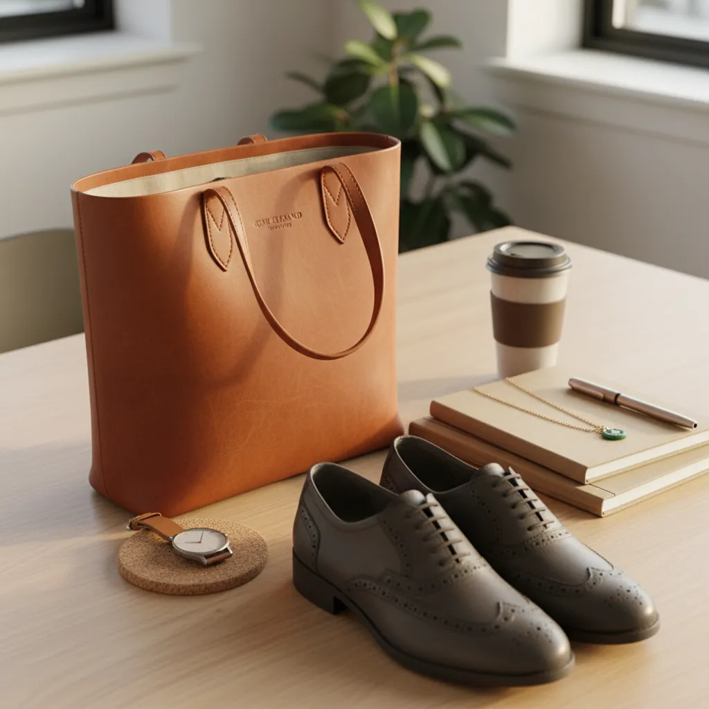 Professional work accessories including bag, watch, and jewellery