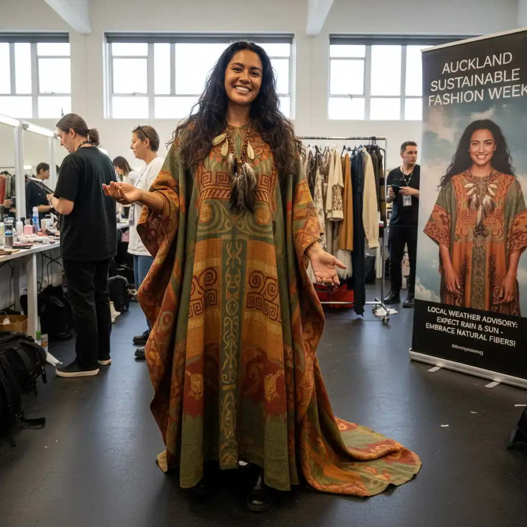 Aria Manaia, emerging Māori fashion designer, showcasing contemporary garment with traditional motifs