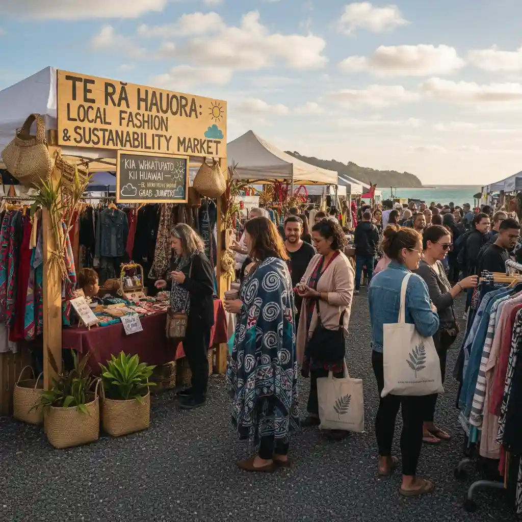 People browsing unique items at a local New Zealand fashion market, supporting local creatives