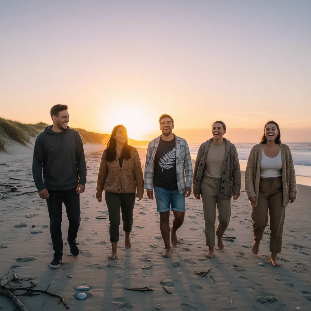 Kiwis enjoying casual weekend wear on a New Zealand beach