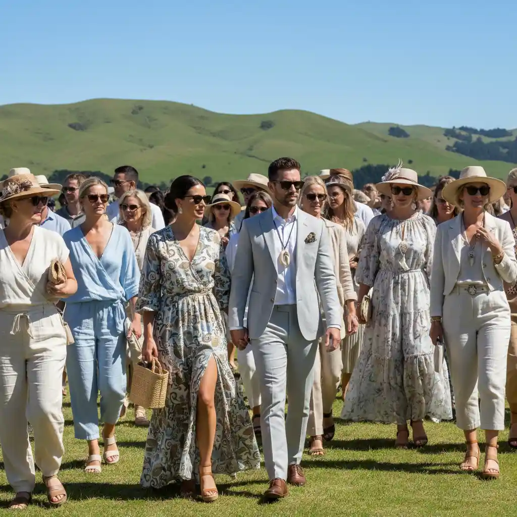 Stylish guests at a New Zealand outdoor event showcasing NZ event fashion
