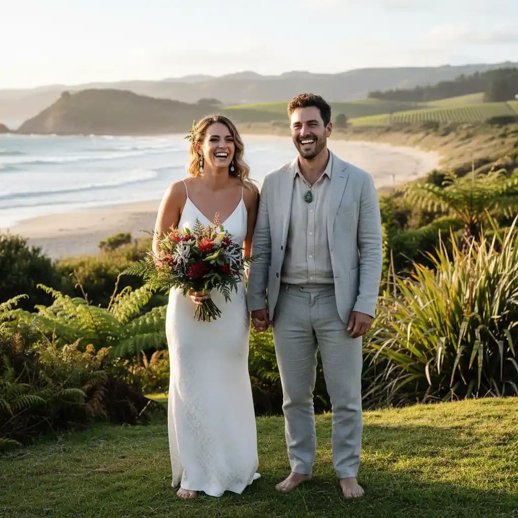 Couple dressed for a wedding showcasing New Zealand event fashion