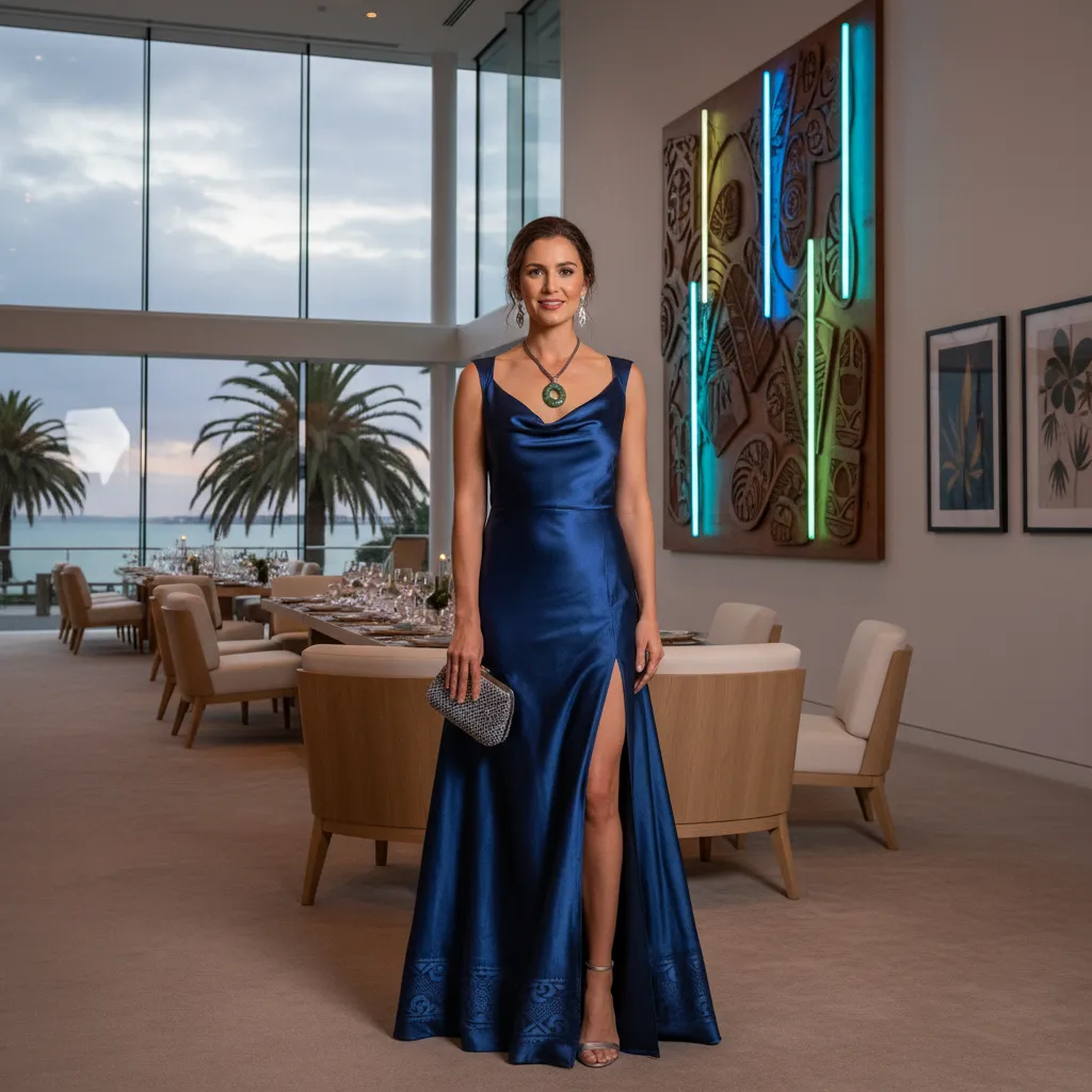 Woman in a stunning gown for a New Zealand gala dinner