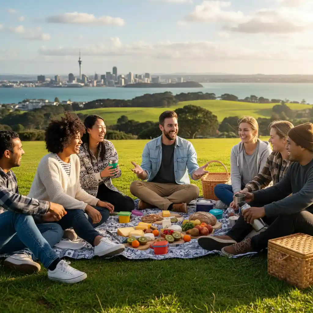 People in casual, layered Everyday Kiwi Style outfits enjoying an outdoor setting