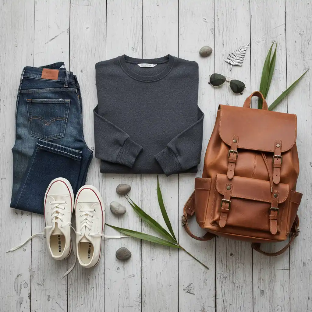 Flat lay of essential items for an Everyday Kiwi Style wardrobe