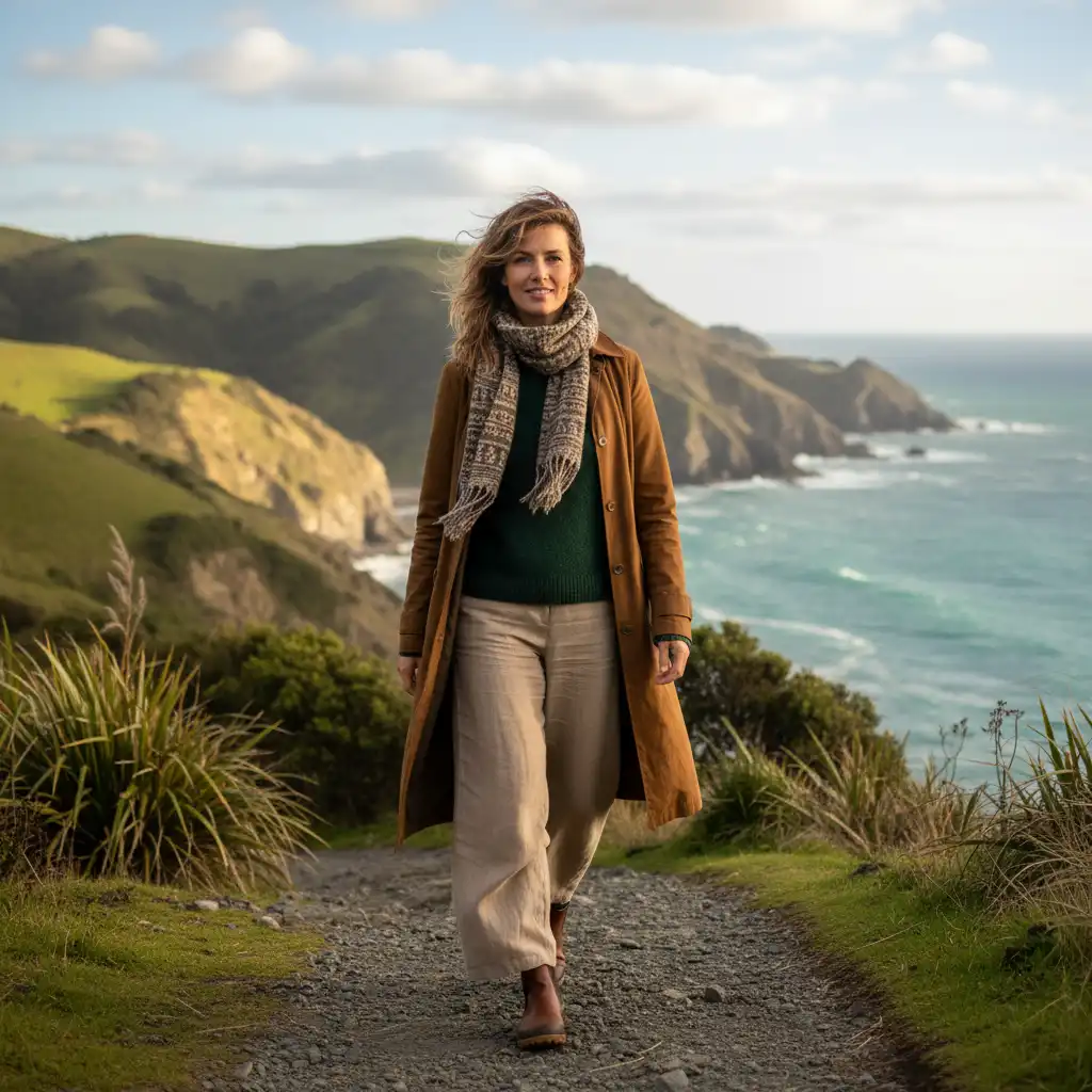 Confident woman in a sustainable and ethical outfit in New Zealand