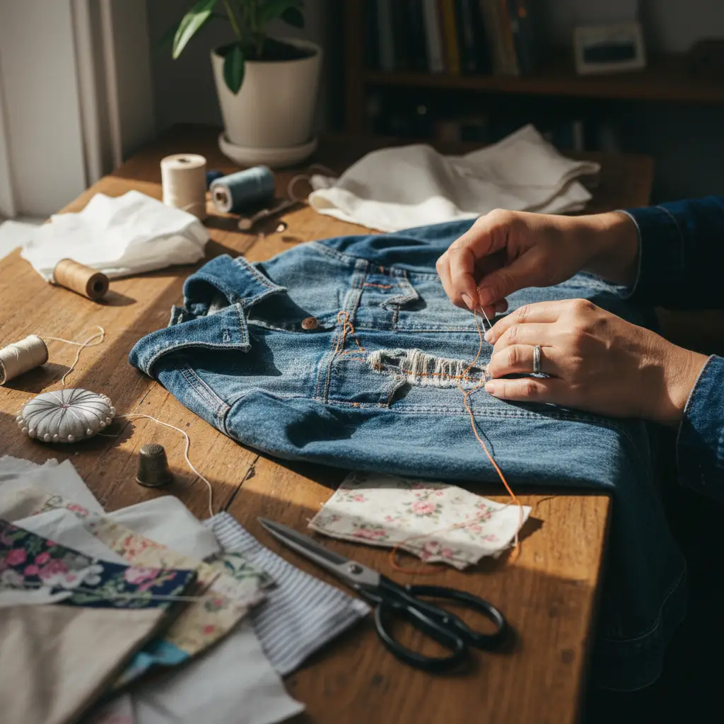 Hands mending a denim jacket, illustrating repair clothes NZ