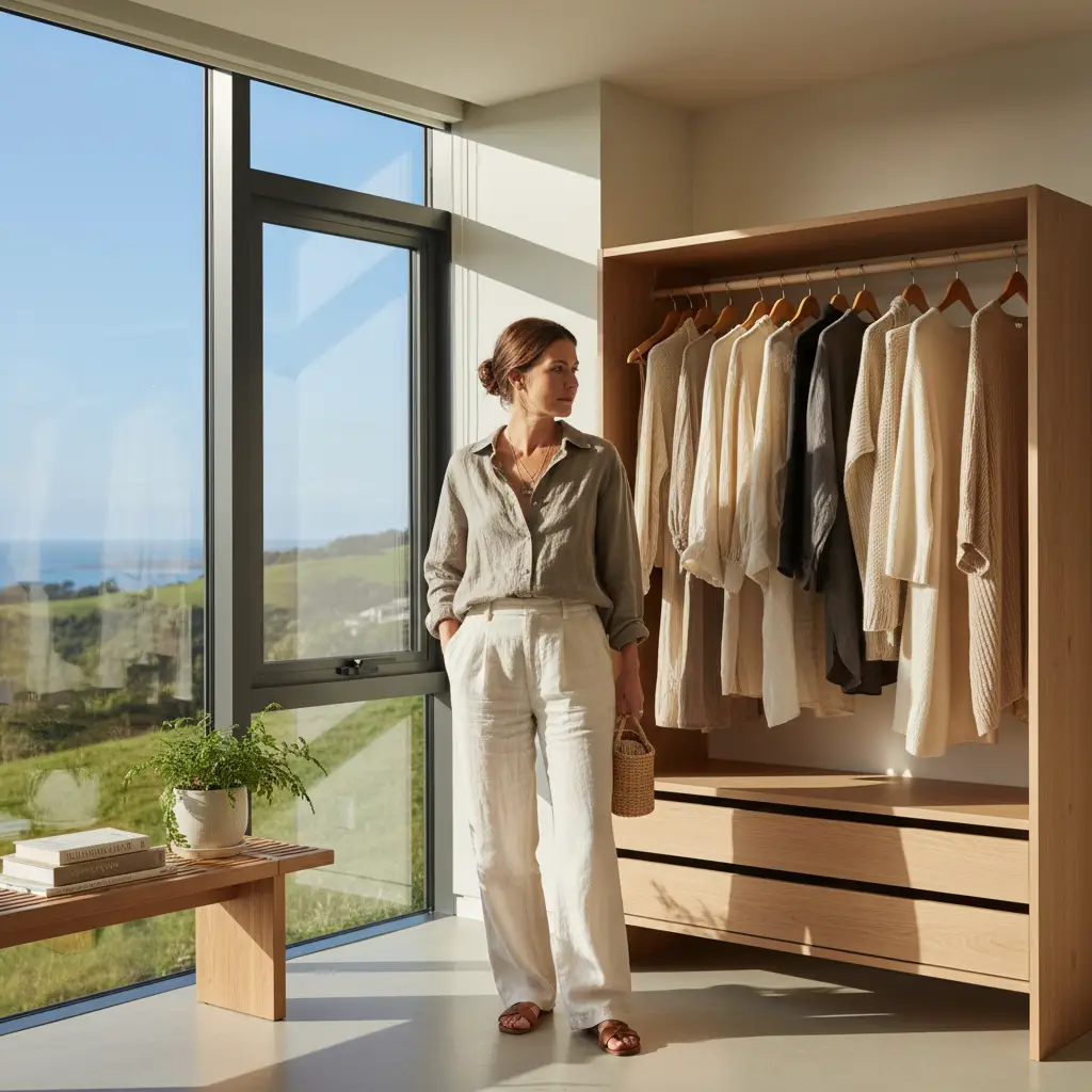 Woman contemplating her minimalist fashion NZ wardrobe