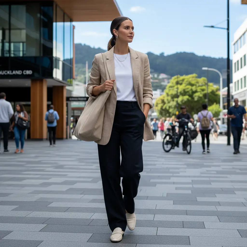 Woman showcasing her signature minimalist fashion NZ style