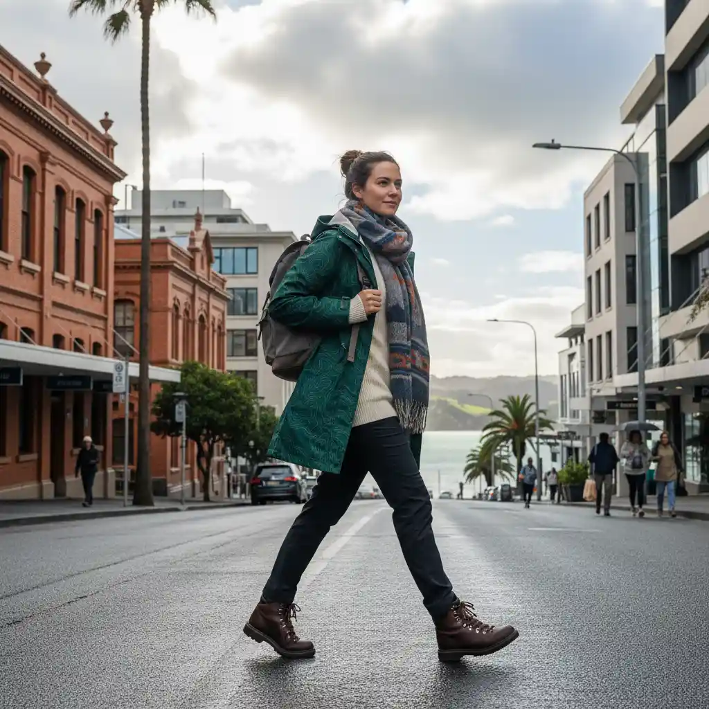 Stylish woman navigating unpredictable NZ weather fashion
