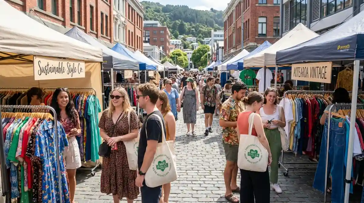People shopping at a vintage fashion market in New Zealand
