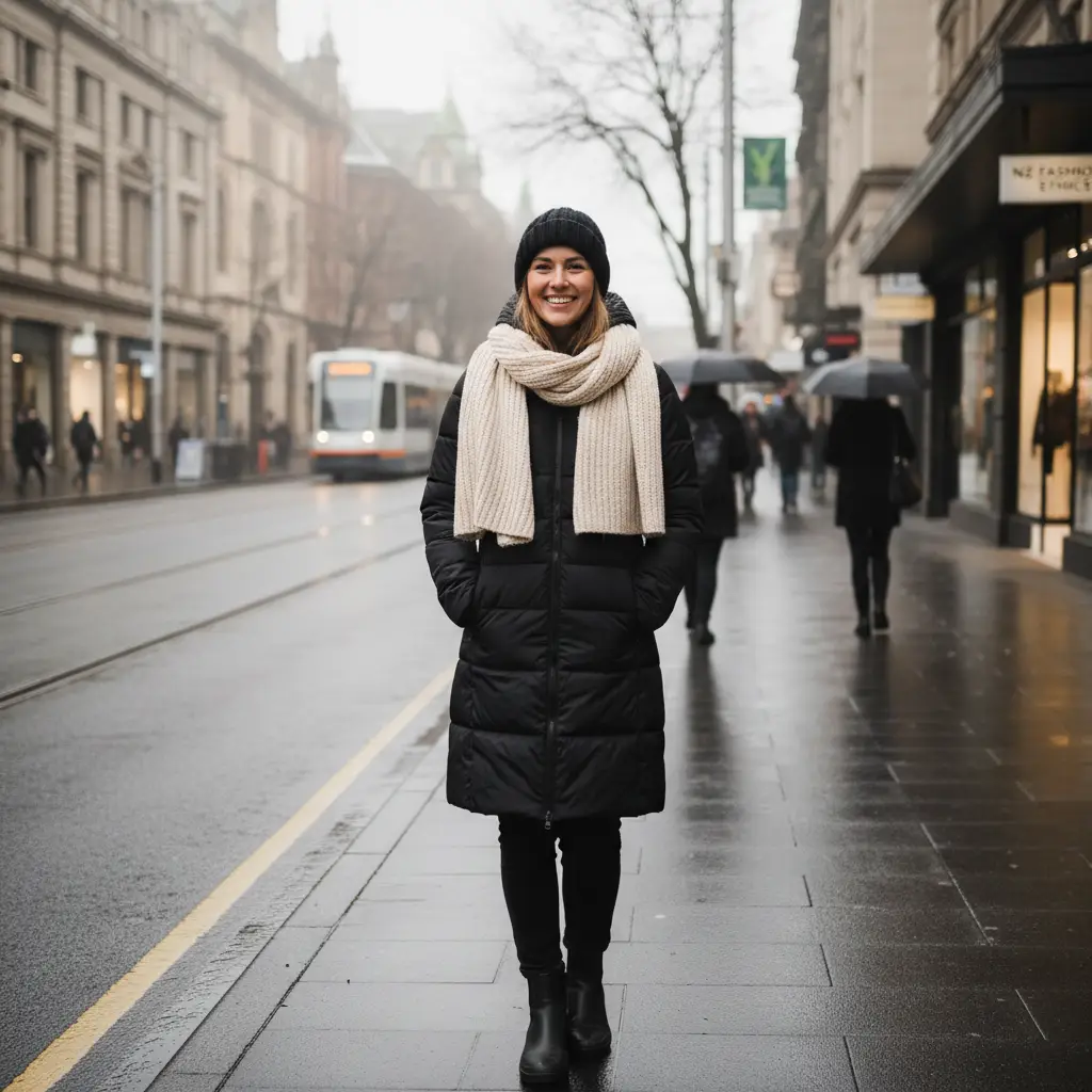 Stylish woman in a long black puffer jacket for NZ winter fashion