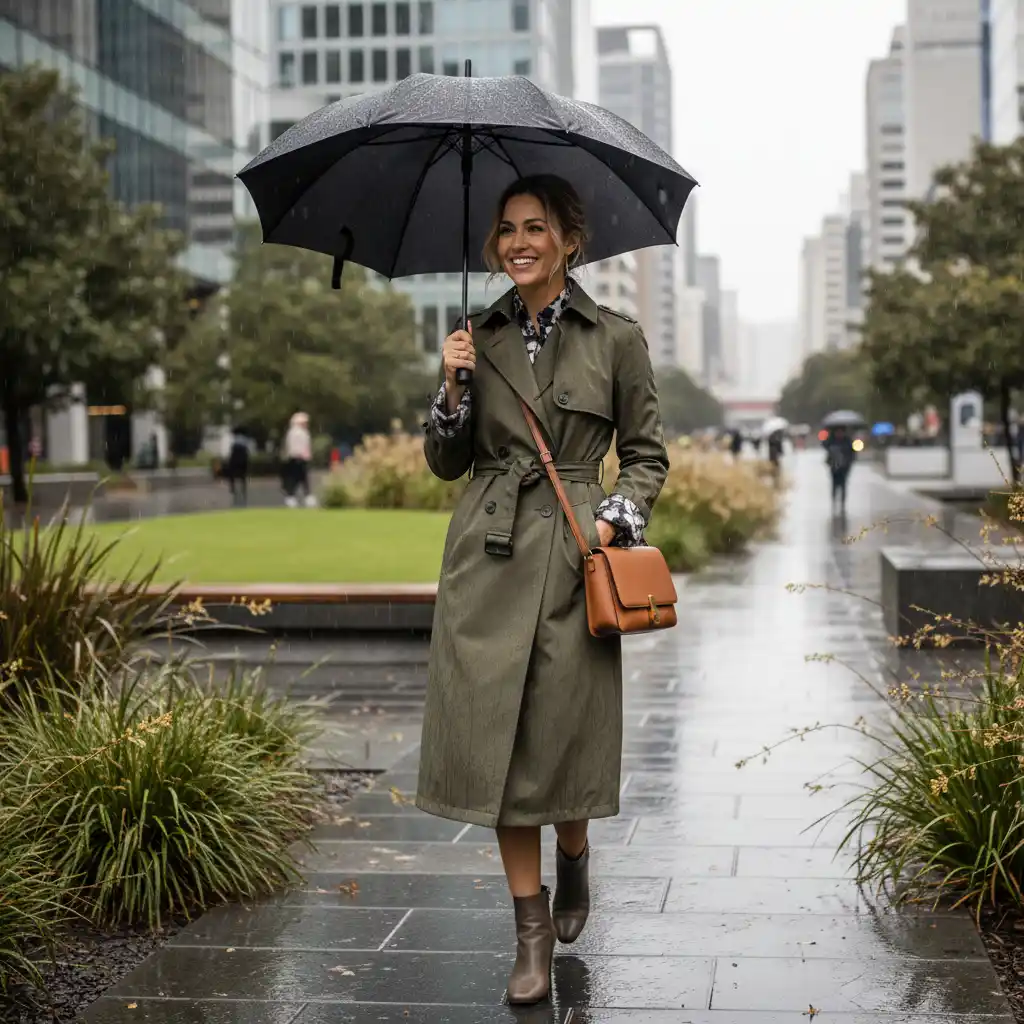 Stylish woman in a waterproof trench coat for rainy days NZ