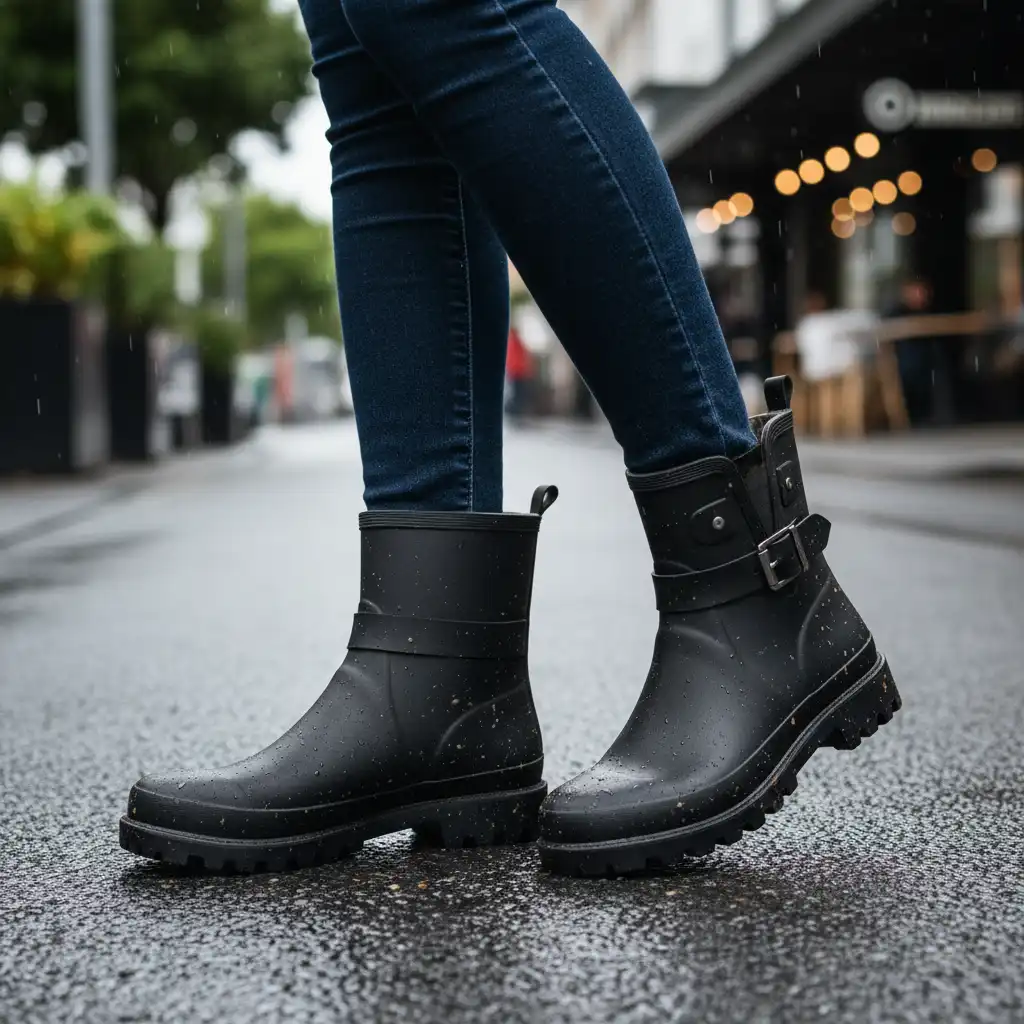 Stylish matte black ankle rain boots in a puddle