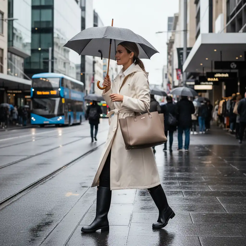 Stylish woman in a waterproof trench coat for rainy day outfits NZ