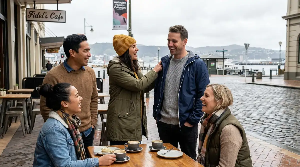 Friends enjoying Wellington cafe in layered outfits